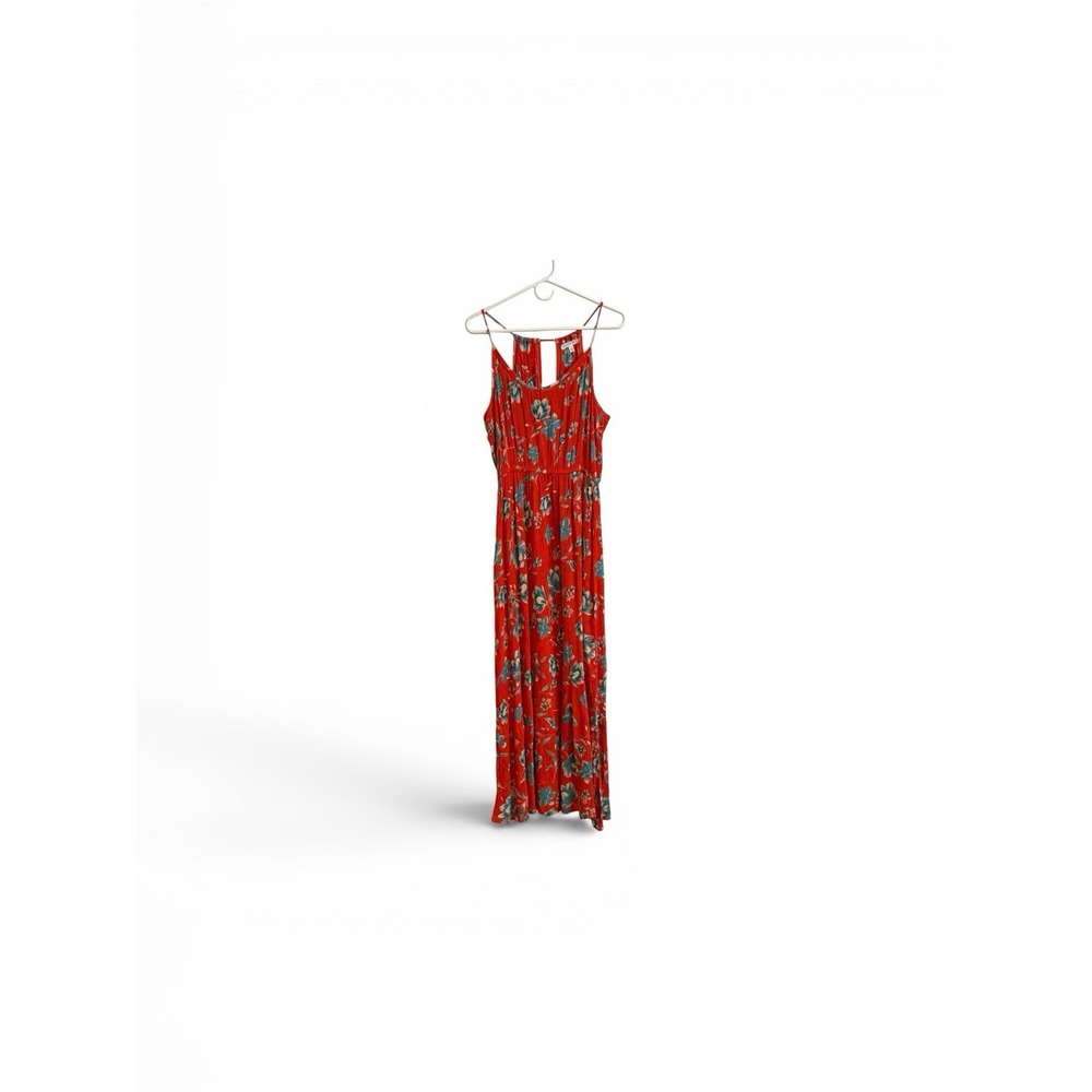 Patrons of Peace Medium Coral Orange Floral Maxi Dress Boho Racerback Rayon Chic